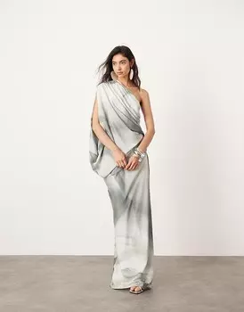Атласное платье макси с одним рукавом ASOS EDITION с мраморным принтом