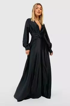 Атласное платье макси с перекрученным передом boohoo, черный