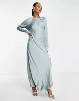 Атласное платье макси с пуговицами ASOS DESIGN серебристо-синего цвета