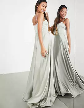 Атласное платье макси с пышной юбкой ASOS EDITION темно-зеленого цвета