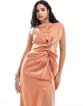 Атласное платье макси с разрезом и высоким воротником ASOS DESIGN