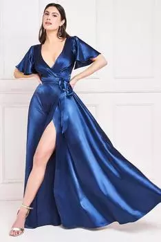 Атласное платье макси с развевающимися рукавами и запахом Goddiva, темно-синий
