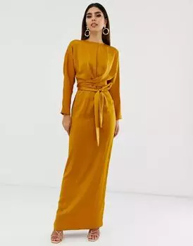 Атласное платье макси с рукавами «летучая мышь» и запахом на талии ASOS горчичного цвета
