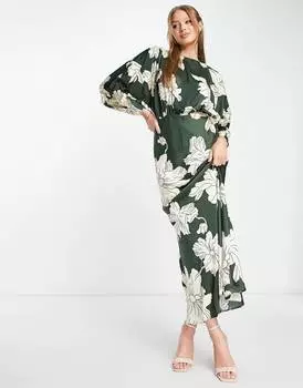 Атласное платье макси с рукавами \"летучая мышь\" ASOS DESIGN и крупным цветочным принтом ASOS DESIGN