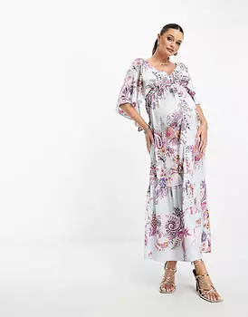 Атласное платье макси с v-образным вырезом и многоярусным подолом ASOS DESIGN Maternity с развевающимися рукавами и принтом пейсли