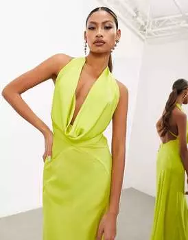 Атласное платье макси с воротником-хомутом ASOS зеленого лайма