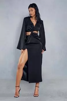 Атласное платье макси с вырезами и разрезом по ноге MISSPAP, черный