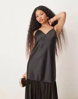 Атласное платье макси с заниженной талией черного цвета Miss Selfridge