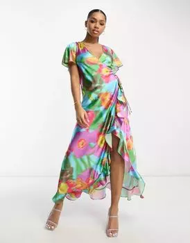 Атласное платье макси с запахом ASOS Design с рюшами и крупным ярким цветочным принтом