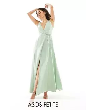 Атласное платье макси с запахом и завязками ASOS DESIGN Petite Bridesmaid шалфейного цвета