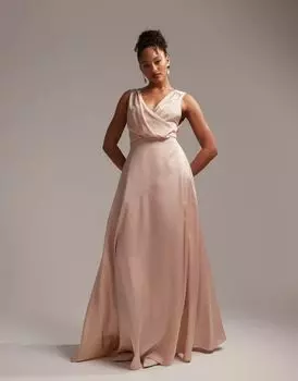 Атласное платье макси с запахом и лифом розового цвета ASOS Bridesmaid