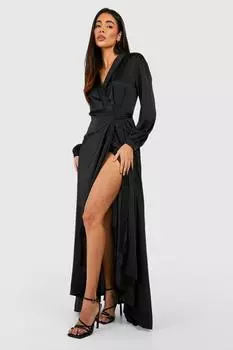 Атласное платье макси с запахом и поясом boohoo, черный