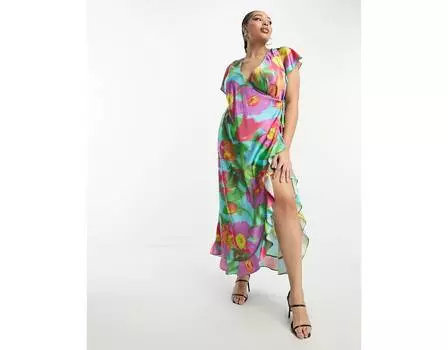 Атласное платье макси с запахом и оборками ASOS DESIGN Curve с крупным ярким цветочным принтом ASOS DESIGN Curve ASOS Curve