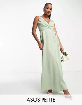 Атласное платье макси с запахом и завязками ASOS DESIGN Petite Bridesmaids шалфейного цвета