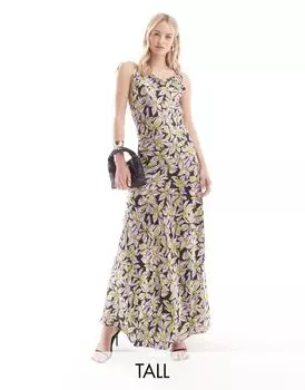 Атласное платье макси с завязками на плечах и швом Vero Moda Tall фиолетового цвета с принтом