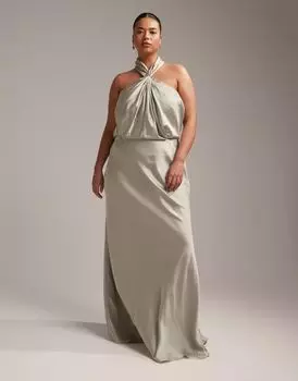 Атласное платье макси со сборками и вырезом бретелькой ASOS DESIGN Bridesmaid Curve шалфейно-зеленого цвета
