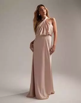 Атласное платье макси со сборками и воротником-бретелькой ASOS Bridesmaid