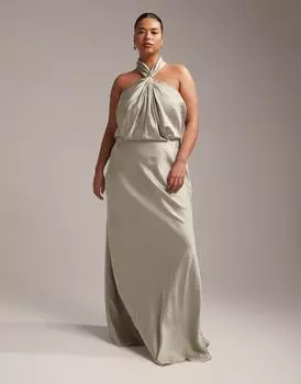 Атласное платье макси со сборками и вырезом бретелькой ASOS DESIGN Bridesmaid Curve шалфейно-зеленого цвета