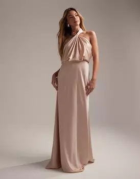Атласное платье макси со сборками и воротником-бретелькой ASOS DESIGN Bridesmaid