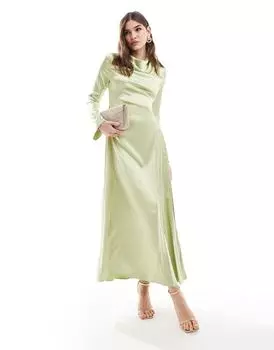 Атласное платье макси со складками ASOS DESIGN фисташкового цвета