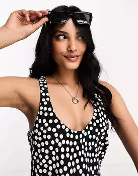 Атласное платье макси в черно-белый горошек River Island