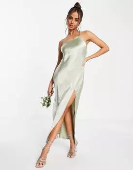 Атласное платье мидакси на одно плечо с драпировкой на спине ASOS DESIGN Bridesmaid цвета шалфея