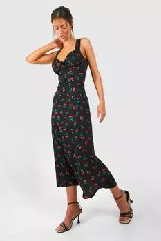 Атласное платье мидакси с вишневым принтом boohoo, черный