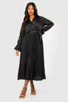 Атласное платье мидакси со складками Plus boohoo, черный