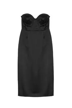 Атласное платье-миди без бретелек с деталями, черное QUZU