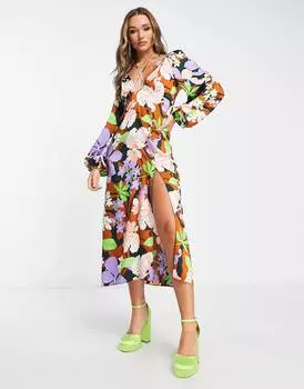 Атласное платье миди черного цвета с цветочным принтом ASOS DESIGN