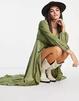 Атласное платье миди цвета хаки с длинными рукавами и запахом Flounce London