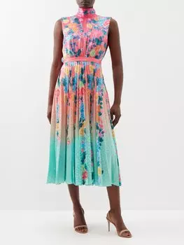 Атласное платье миди fleur с открытой спиной и принтом Saloni, розовый