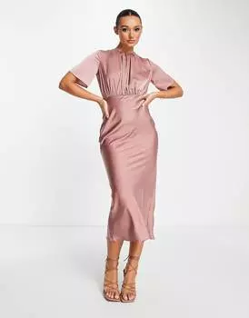 Атласное платье миди миди с развевающимися рукавами и открытой спиной ASOS DESIGN Bridesmaid из ириски