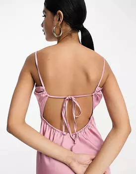 Атласное платье миди на бретелях с завязками на спине Vila пыльно-розового цвета