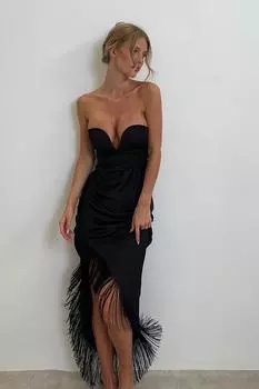 Атласное платье миди премиум-класса с V-образным вырезом и драпировкой по подолу MISSPAP, черный