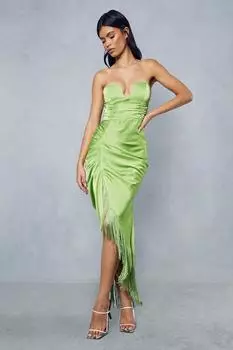 Атласное платье миди премиум-класса с V-образным вырезом и драпировкой по подолу MISSPAP, зеленый