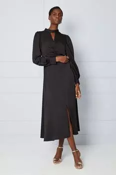 Атласное платье миди премиум-класса со сборками и пуговицами Wallis, черный