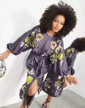 Атласное платье миди с цветочной вышивкой ASOS розовато-лилового цвета