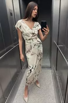 Атласное платье миди с цветочным принтом ZARA, разноцветный