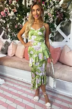 Атласное платье миди с цветочным узором и рюшами Ax Paris, зеленый