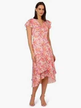 Атласное платье миди с цветочным воланом на подоле Adrianna Papell, цвет Coral/Multi