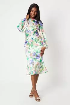 Атласное платье миди с длинными рукавами и принтом и закрученным передом Coast, мультиколор