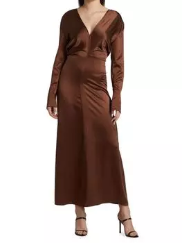 Атласное платье-миди с глубоким v-образным вырезом Victoria Beckham Chocolate