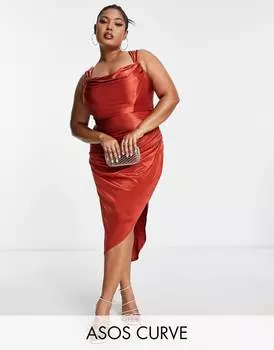 Атласное платье миди с корсетом и драпировкой цвета ржавчины ASOS DESIGN Curve