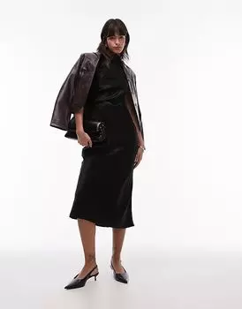 Атласное платье миди с косым кроем, драпировкой и удлиненным плечом черного цвета & Other Stories