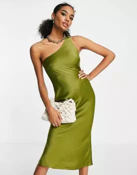 Атласное платье миди с косым вырезом на одно плечо ASOS DESIGN
