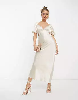 Атласное платье миди с кружевной отделкой и бретелями на спине ASOS DESIGN Milkmaid