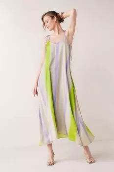 Атласное платье миди с открытыми плечами и расписным полосатым принтом Next