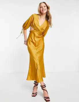 Атласное платье миди с плиссированной талией и пуговицами спереди ASOS DESIGN