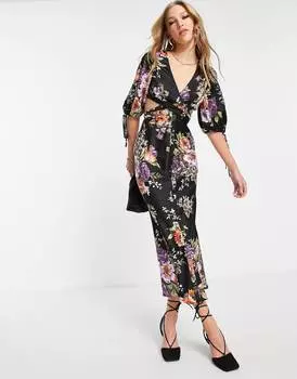 Атласное платье миди с плиссированной талией и пуговицами спереди ASOS DESIGN с цветочным принтом ASOS DESIGN